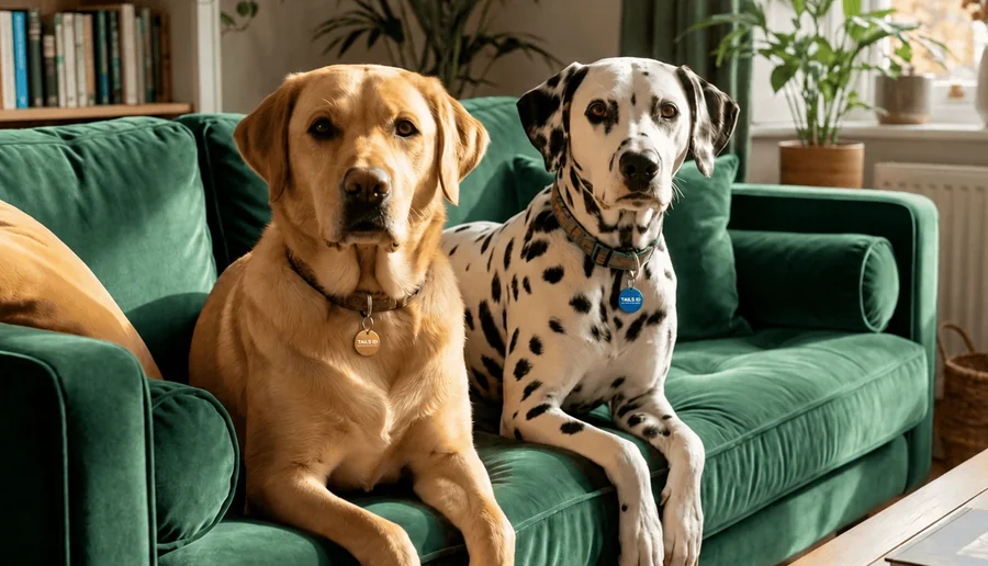 Two dogs sitting together, both wearing TailsID tags